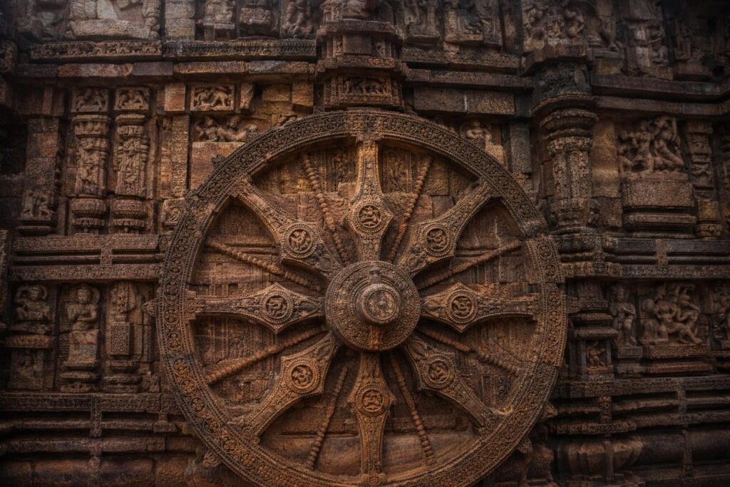 konark-sun-temple-stone-wheel-odisha Detailed stone chariot wheel sculpture at Konark Sun Temple UNESCO World Heritage Site Odisha.