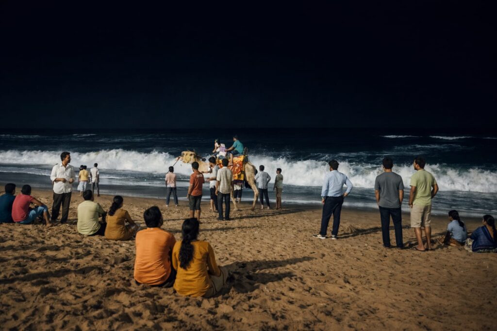 puri-beach-evening-camel-ride Tourists enjoying camel ride at Puri Beach during evening in Odisha
