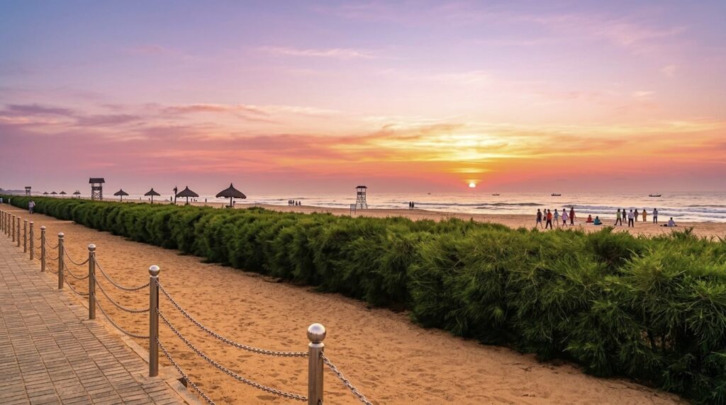 puri_blueflag_beach peaceful morning view at Blue Flag Beach Puri Odisha with clean shoreline.