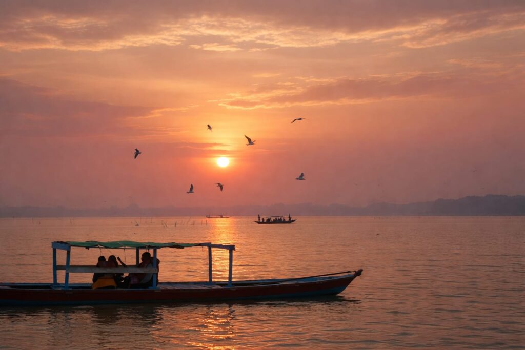 satapada-chilika-lake-boat-sunset-odisha Beautiful sunset view at Satapada Chilika Lake with tourist boat and flying birds.