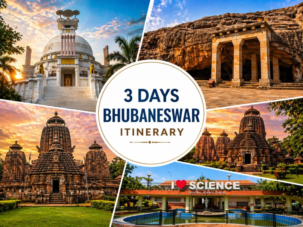 3 days Bhubaneswar itinerary collage featuring Dhauli Shanti Stupa, Udayagiri Khandagiri caves, Lingaraj temple and Regional Science Centre