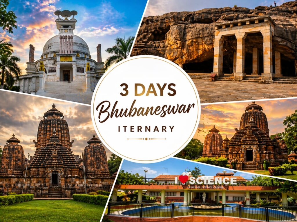 3 days Bhubaneswar itinerary collage featuring Dhauli Shanti Stupa, Udayagiri Khandagiri caves, Lingaraj temple and Regional Science Centre